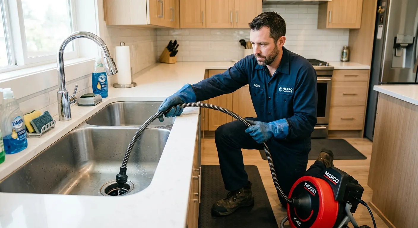 Drain cleaning technician using a motorized snake on a kitchen sink in Farmington