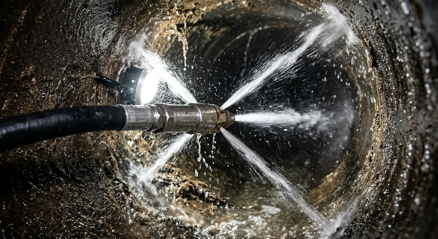 High-pressure hydro jetting nozzle cleaning sewer pipe for Emergency Drain Service in Farmington